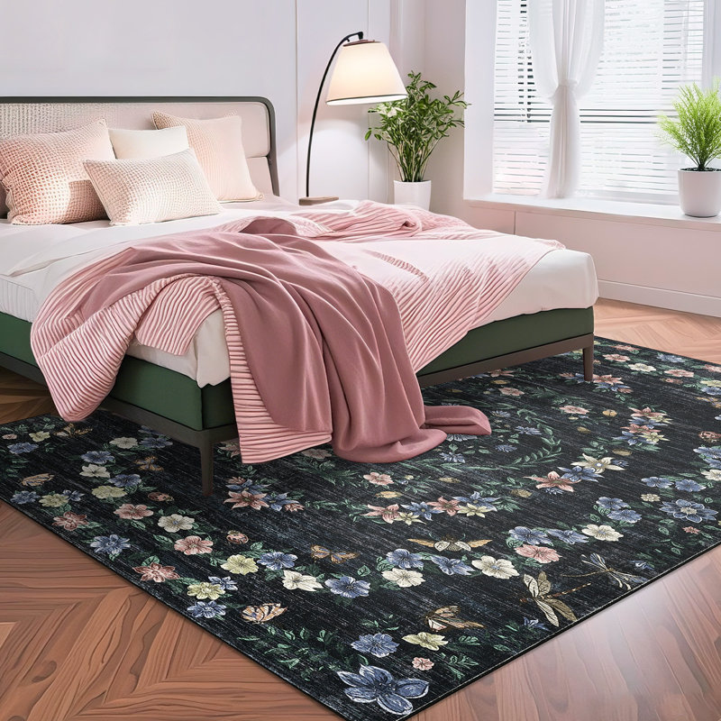 Tapis lavables rétro floraux pour la chambre à coucher, le salon et le couloir, Noir, Rectangle 9' x 12'