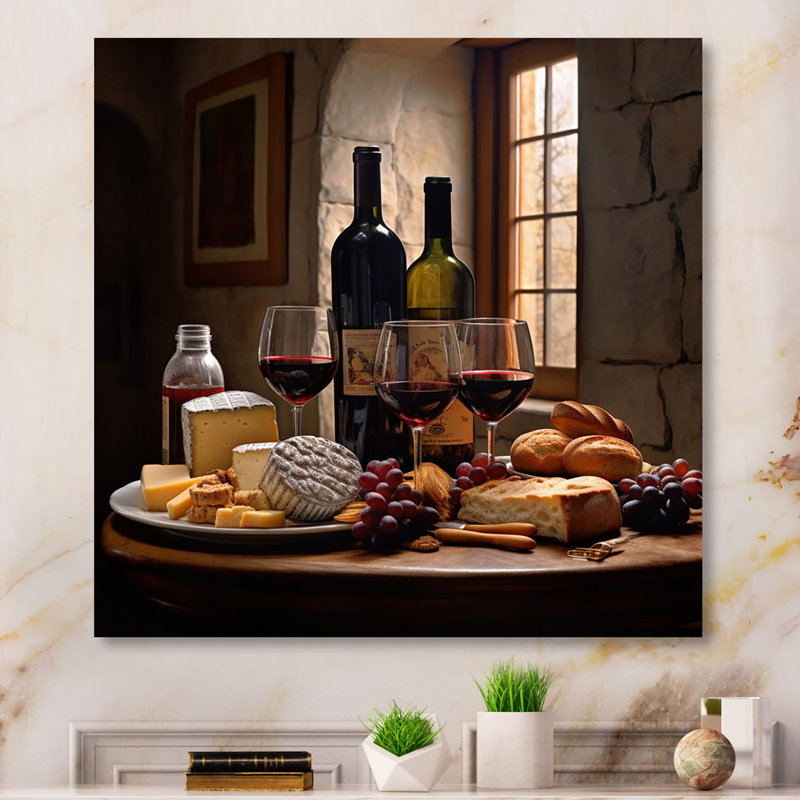 «Cheese and Wine I - Wine», art mural champagne, H 30 po x l 30 po x P 1 po, Toile tendue