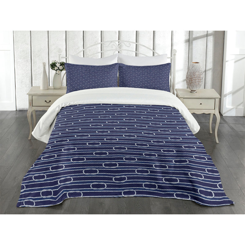 Navy Blue and White Quilted Queen Bedspread Set