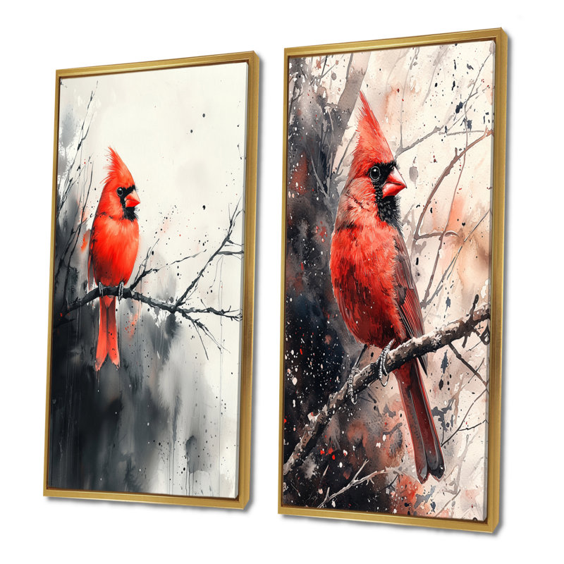 Art mural oiseau cramoisi cardinal I - animaux, 2 pièces, H 32 po x l 33 po, Cadre flottant doré