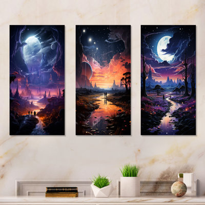 «Blue and Pink Astral Walk To The Moon I», ensemble de 3 impressions sur art mural