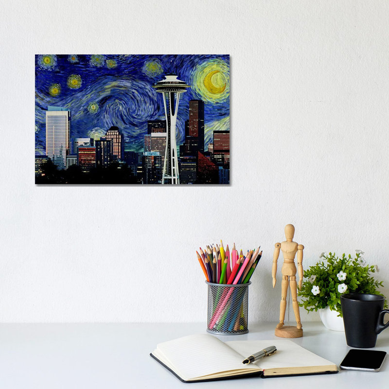 Seattle, Washington Starry Night Skyline 1 Piece Wrapped Canvas Painting, 20.32 cm H x 30.48 cm W