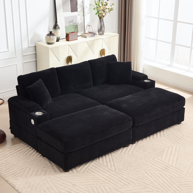 86.6" Upholstered Sofa Corduroy 3-Seater Sofa Deep Seat Couch With Movable Ottoman, Armrest Storage, USB And Cup Holder, Gray