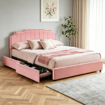 Queen Size Velvet Storage Bed Frame, Vertical Channel Tufted Headboard, Underneath Storage, Upholstered Platform Bed with Storage Drawers, Wooden Slats Support, No Box Spring Needed