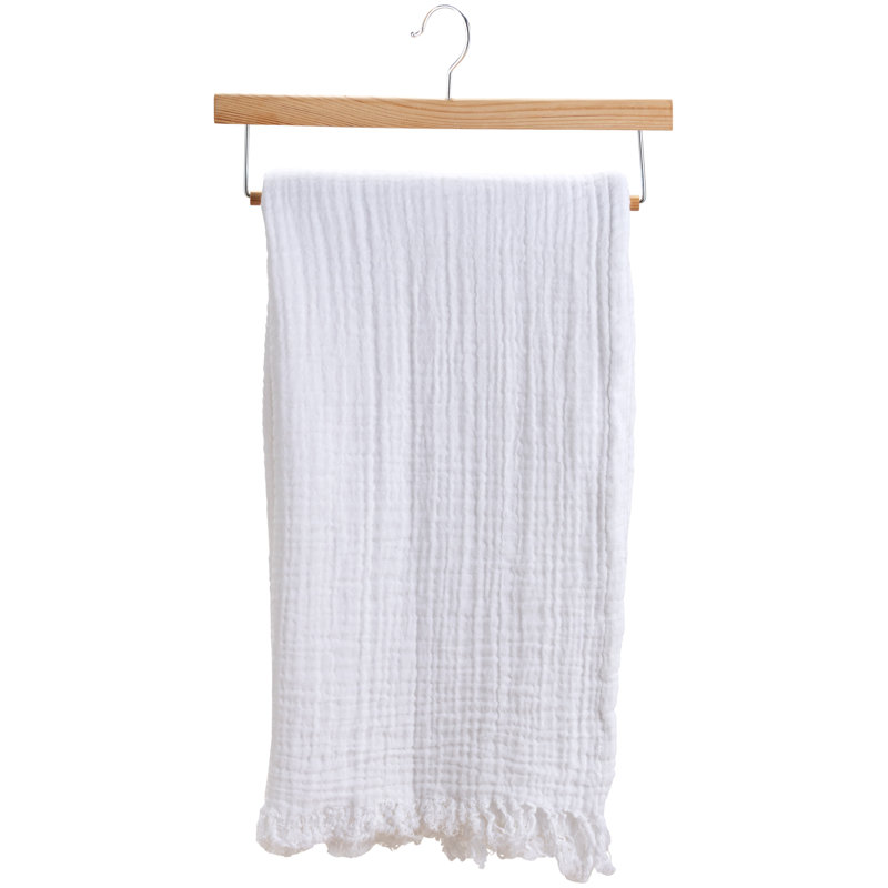 White Cotton Muslin Throw Blanket with Fringe Ends