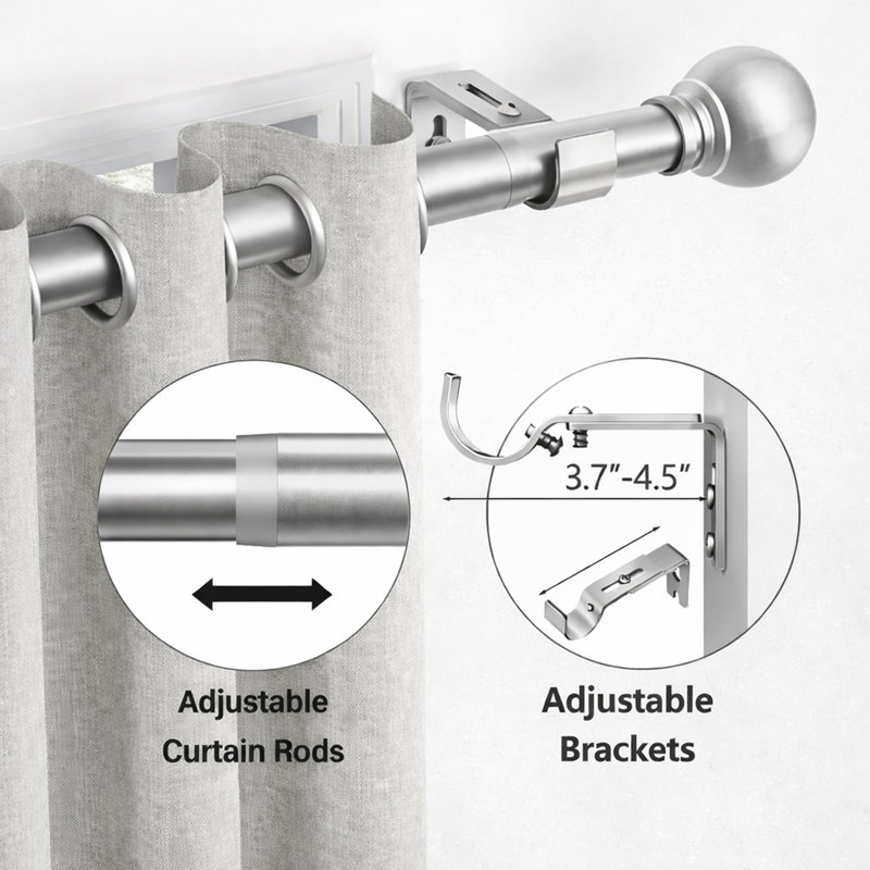 Premium-Quality Adjustable Plain Metal Curtain Rod for Heavy Room Darkening Panels (with Finials), 70cm - 120cm