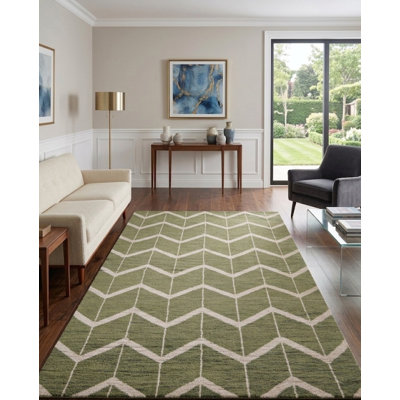 Tapis géométrique vert en laine beige et vert fait à la main