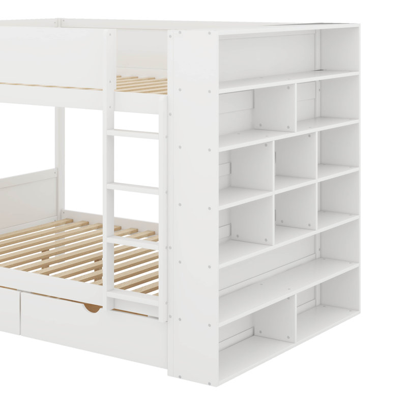 Full Over Full Bunk Bed With Drawers And Cabinet, White