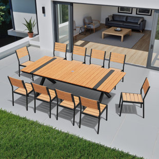 10-person Rectangular Outdoor Dining Set With Umbrella Hole,  Aluminum Frame and Armless Chairs
