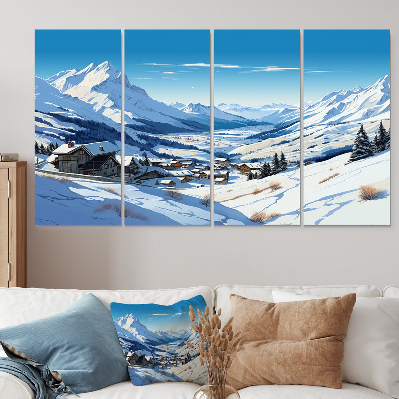 «Alpine Mountains Solitude Winter Glow V - Mountains Winter», art mural 4 pièces, H 32 po x l 64 po