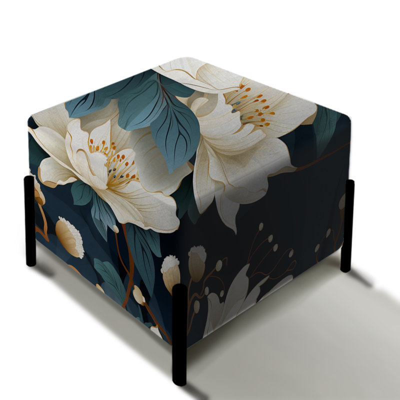 Repose-pieds carré blanc avec pivoines Tranquil