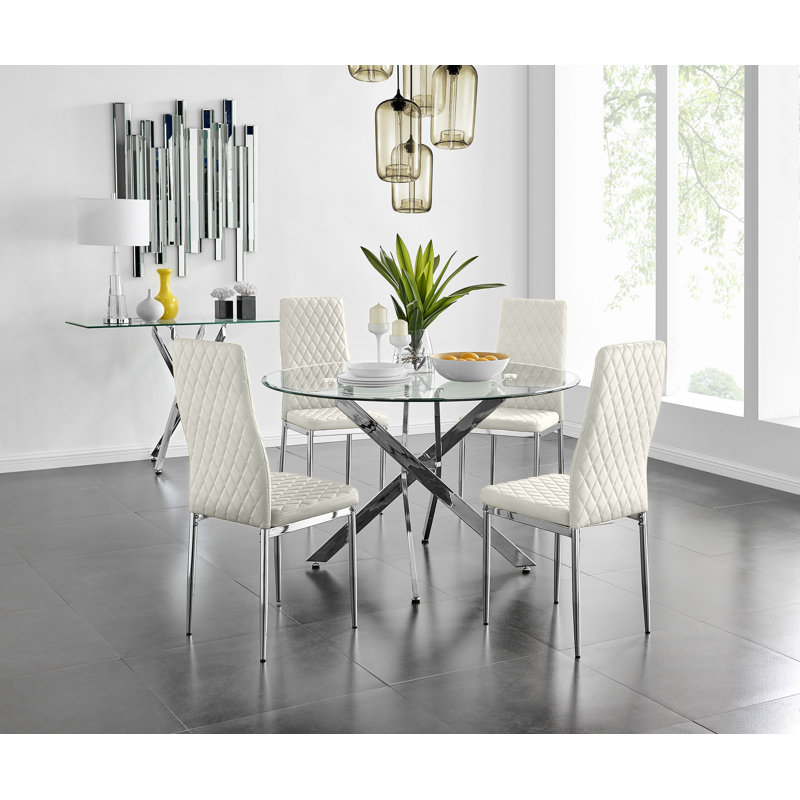 Bernell Modern Chrome Metal & Glass Round Dining Table Set with 4 Quilted Velvet Chairs, 75 x 120 x 120cm, Cream/Silver