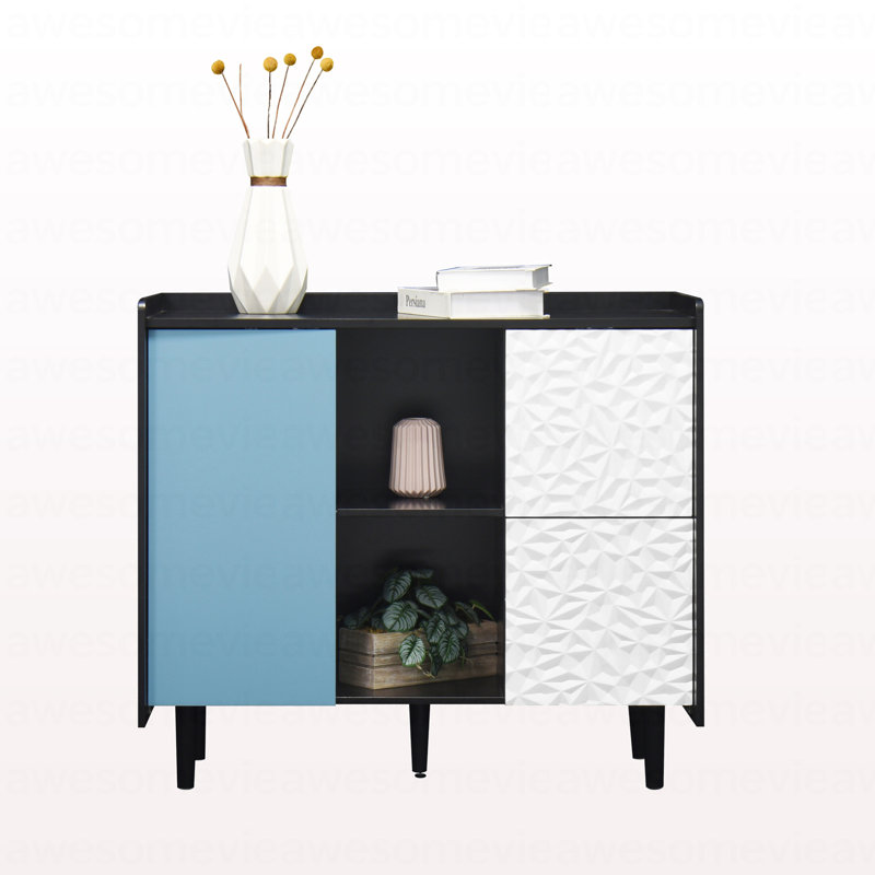 Sideboard Buffet Cabinet, Black Storage Cabinet With Red Doors , 2 Drawers With Unique Panel Styling And 2 Open Storage Compartment, Modern Coffee Bar Cabinet Accent Cabinet For Kitchen, Dining Room,