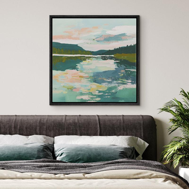 "Turquoise Lake Mountain Landscape", impression sur toile encadrée, H 16 po x l 16 po x P 1,5 po, Noir