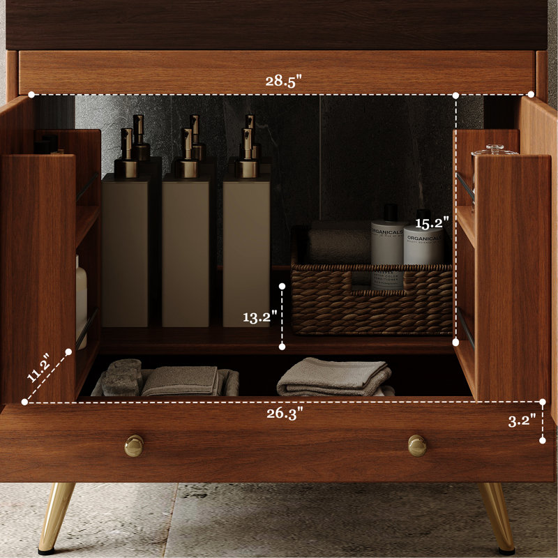 - Meuble-lavabo de style salle de bain avec surface en faux marbre, lavabo en céramique brillante, contreplaqué imperméable et base en acier inoxydable doré pour les petites salles de bain, comptoir, lavabo, rangement à double porte,