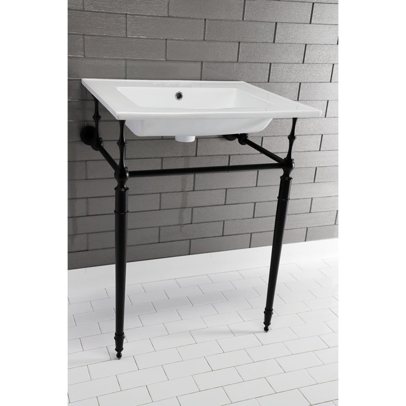Kingston Brass Edwardian 25-Inch Ceramic Console Sink with Brass Legs (4-Inch, 3-Hole), White/Matte Black
