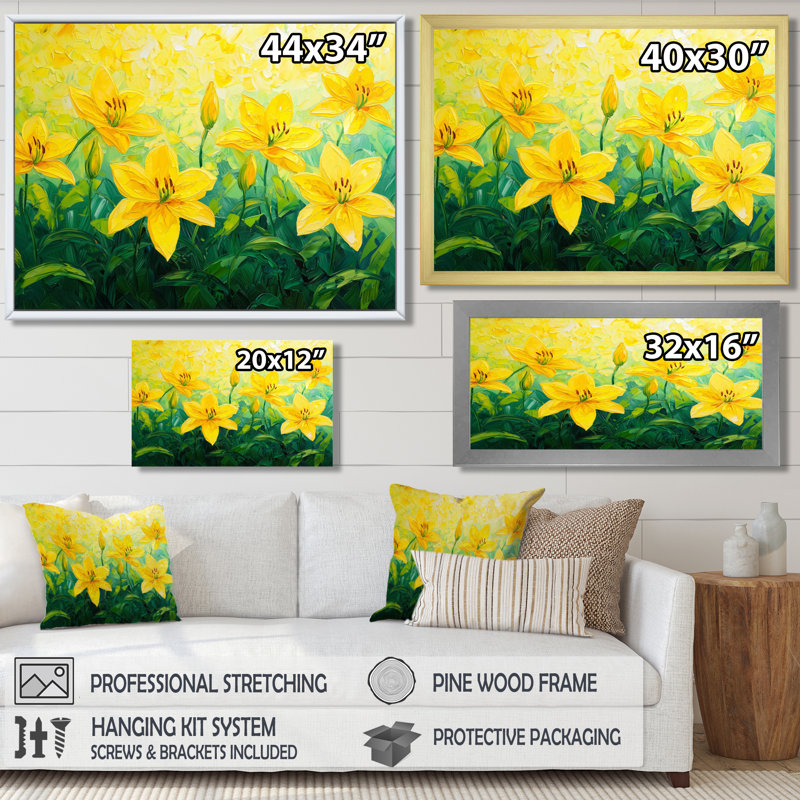 «Yellow Lillies Gardens In Meadow IV», impression d'art mural lys, Reproduction encadrée d'une seule photo sans pass, Noir