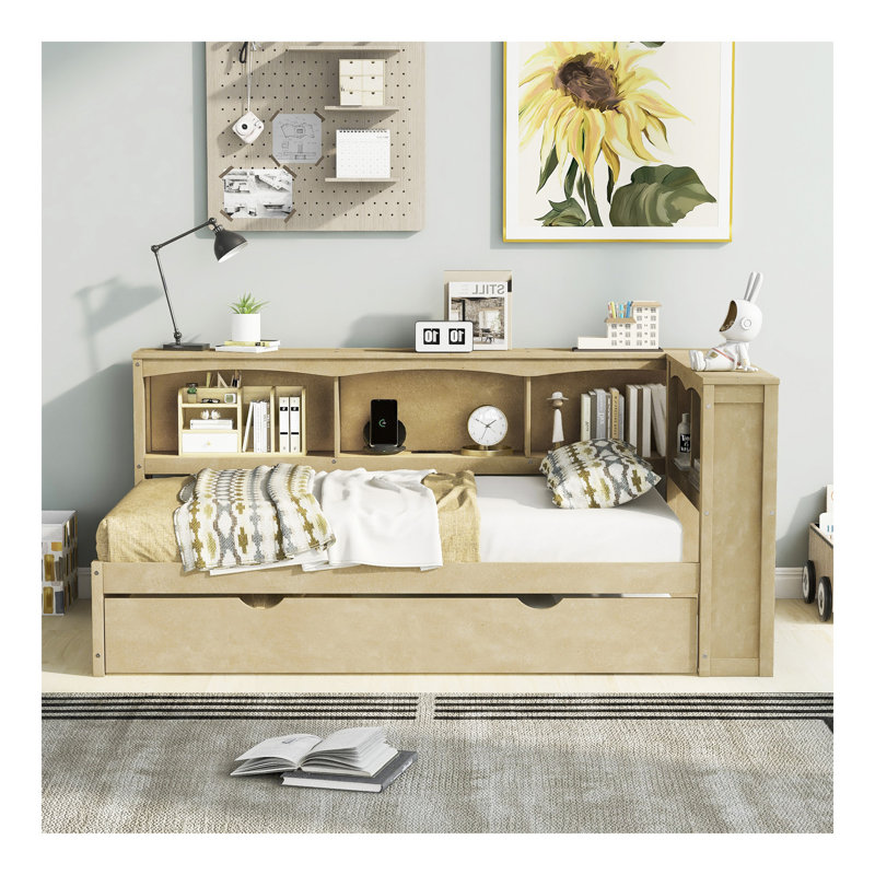 Twin Size Daybed with Trundle, Storage Cabinets and USB Ports, Wood