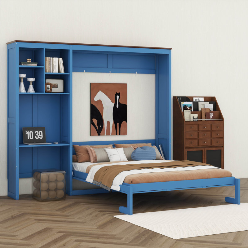 Grand lit escamotable à double paroi, rangement multicouche, rangement pliable peu encombrant pour petits appartements, Bleu