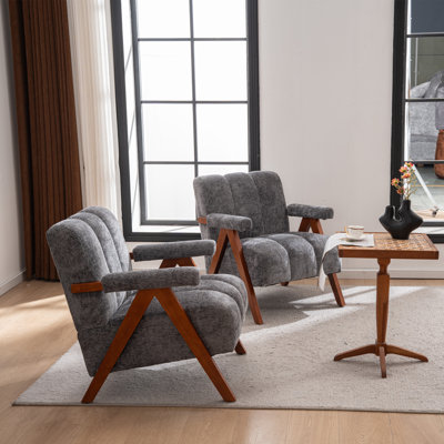 24" Wide Grey Chenille Channel Tufted Mid-Century Accent Chair (Set Of 2)