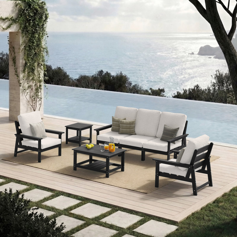 Ensemble de conversation modulaire d'extérieur pour 5 personnes avec coussins, Blanc, Noir