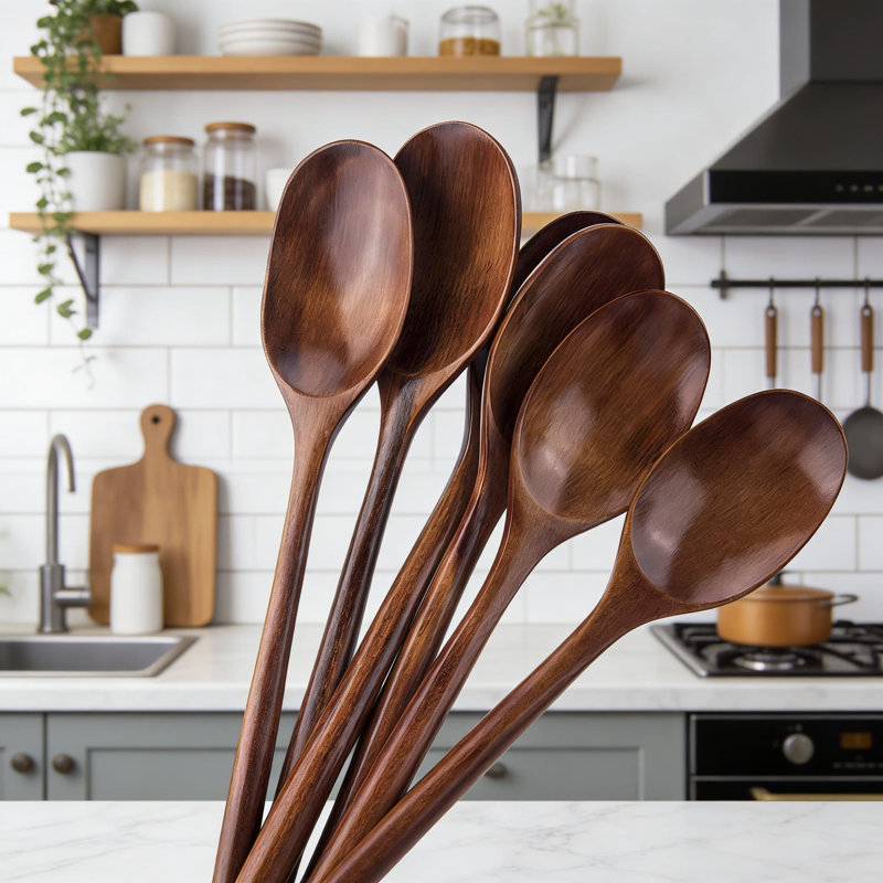 6-Piece Natural Wooden Spoon Set For Cooking And Serving, 9-Inch Long Handle Wood Soup Spoons, Eco-Friendly Kitchen Utensils For Daily Use