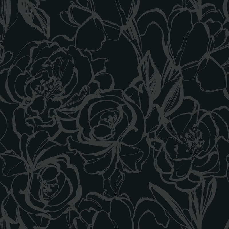Floral Cluster 33' L x 20.5" W  Wallpaper Roll, Black/Gray