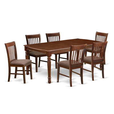 7 Piece Dining Table Set Consist of a Rectangle Dinner Table with Butterfly Leaf and 6 Linen Fabric Dining Room Chairs, 42x78 Inch, Mahogany