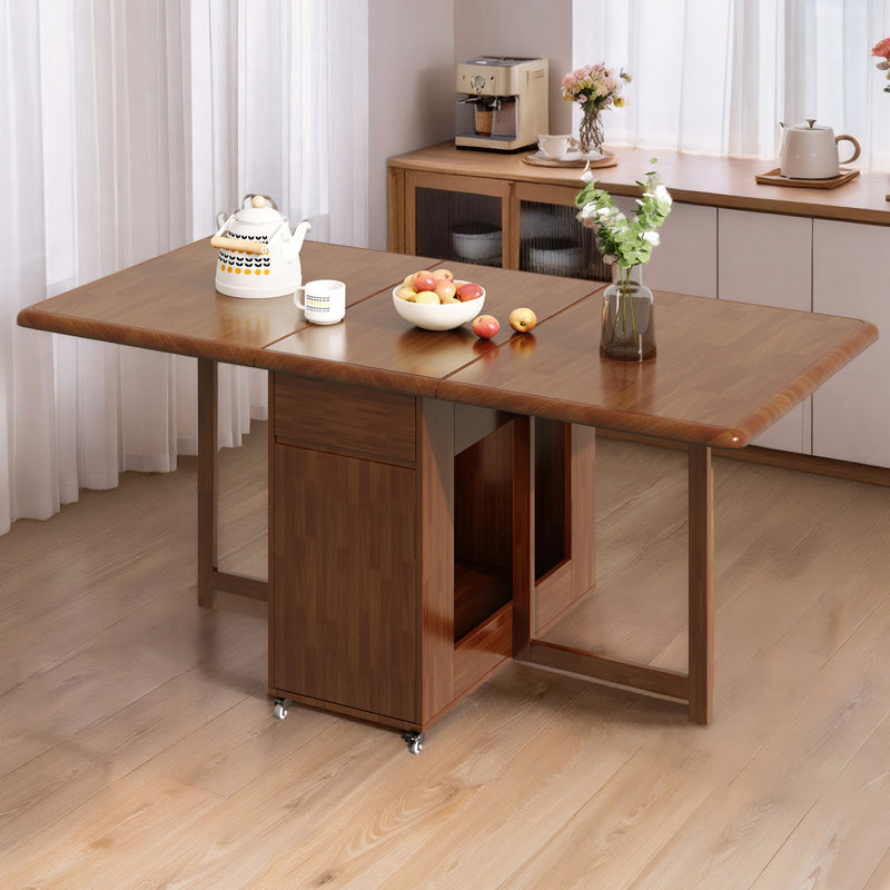 Solid Wood Folding Table in Walnut, Mobile Design with Casters, 2 Drawers and Integrated Storage Compartment（Without Chairs）