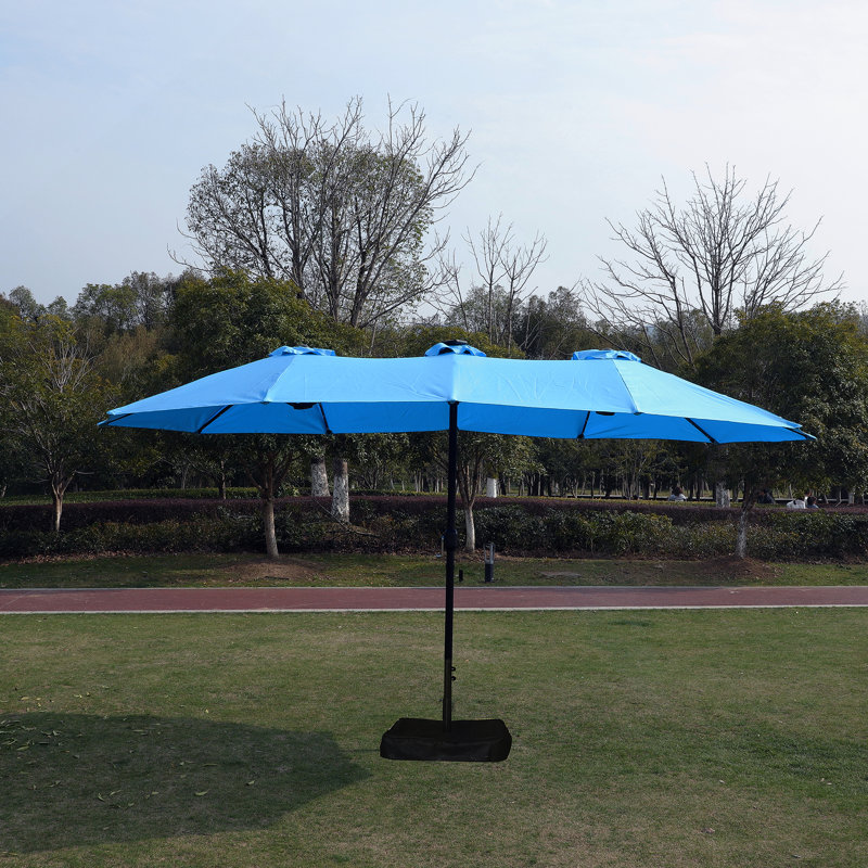 Parasol d'extérieur rectangulaire à double face avec lumière et base pour un ombre ultime, Bleu