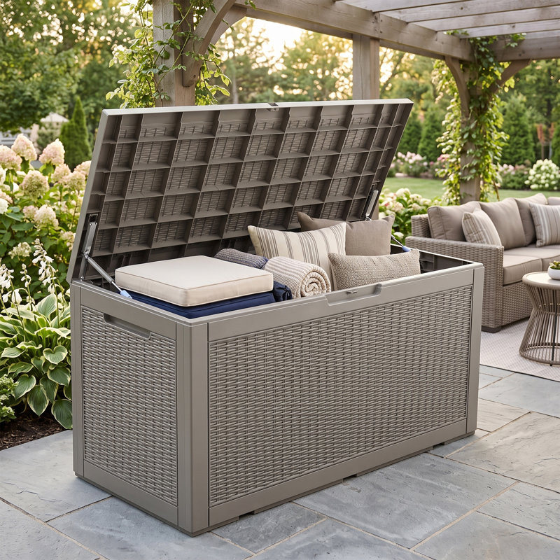PawsomePad 100 gallons Boîte de rangement extérieure, contenant de terrasse en résine imperméable avec couvercle verrouillable, organisateur de patio pour coussins et outils de jardin, gris
