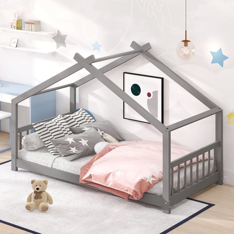 Twin House Wood Bed With Roof Frame, Gray, Twin