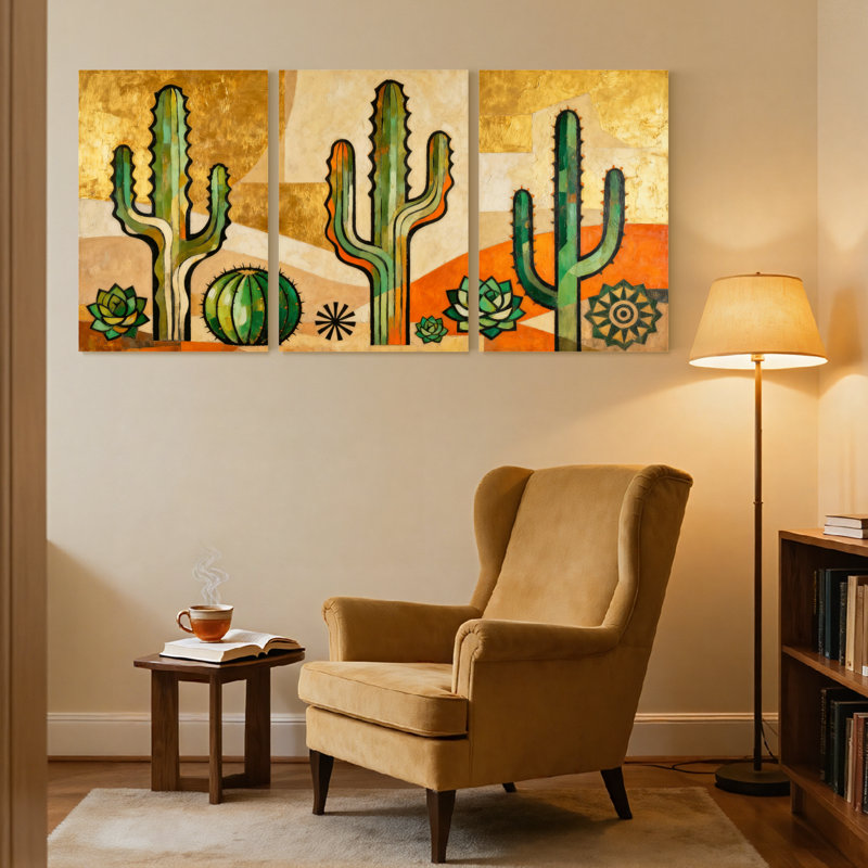 «Cactus Desert Cactus Landscape», ensemble de 3 reproductions d'art sur toile, H 18 po x l 36 po