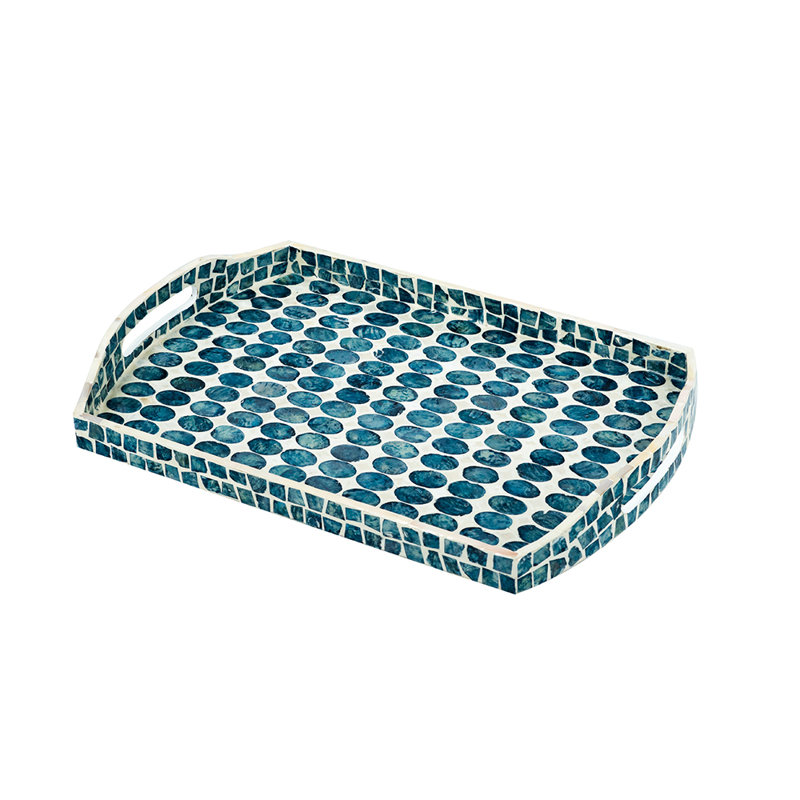 18X12X2" Decorative Rectangle Tray With Blue And White Capiz Design And Curved Handles