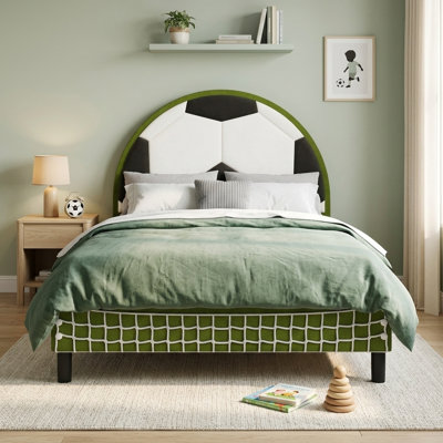 Soccer Ball Kids Bed with Goal Net Footboard, Upholstered Platform Bed Frame for Boys & Girls, Sports-Themed Bedroom Furniture