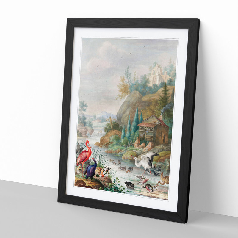 Birds Near a Mountain Stream by Herman Henstenburgh - Picture Frame Graphic Art, Black, 65cm H x 48cm W x 2cm D