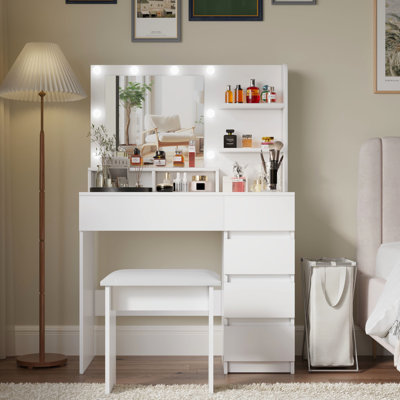 Coiffeuse de maquillage avec miroir et 3 modes de couleurs, 4 tiroirs, design moderne, tables de rangement spacieuses et citations, volume abondant, blanc