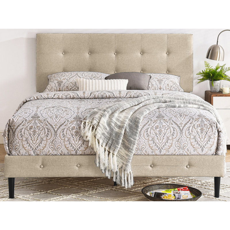 DeCoro Cambridge Upholstered Wooden Platform Bed Frame, King, Linen