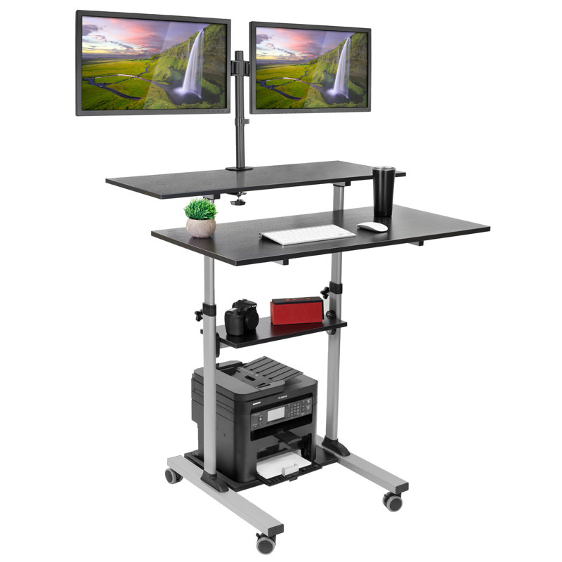 Montez-le! Bureau mobile avec support pour double moniteur, poste de travail réglable en hauteur de 40 pouces, Gris
