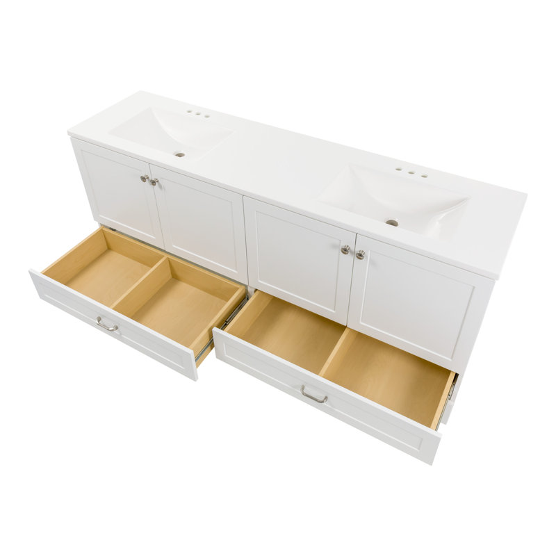 Ensemble de meuble-lavabo double 72 po avec 2 armoires, 2 tiroirs et plateau en marbre de culture Emlyn, Blanc