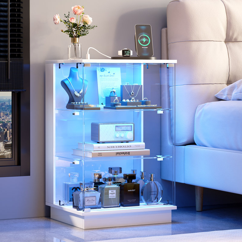 Table d'appoint de 60 cm de hauteur avec éclairage RVB, vitrine en verre à 3 niveaux avec port d'alimentation, Blanc