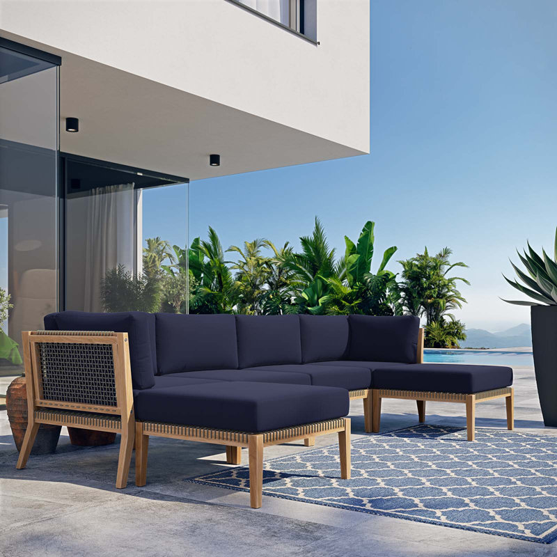 Modway Clearwater Outdoor Patio Teak Wood 6-Piece Sectional Sofa, Navy