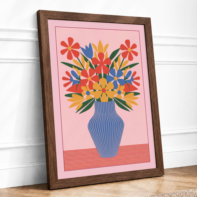 Geometric Floral Vase Modern - Framed Print, A4 - 29.7 x 21.0 cm, Walnut