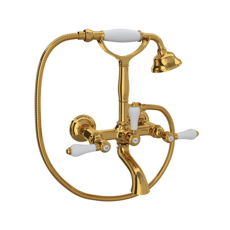 Country Exposed Wall Mount Tub Filler, Porcelain Lever Handle, Antique Gold