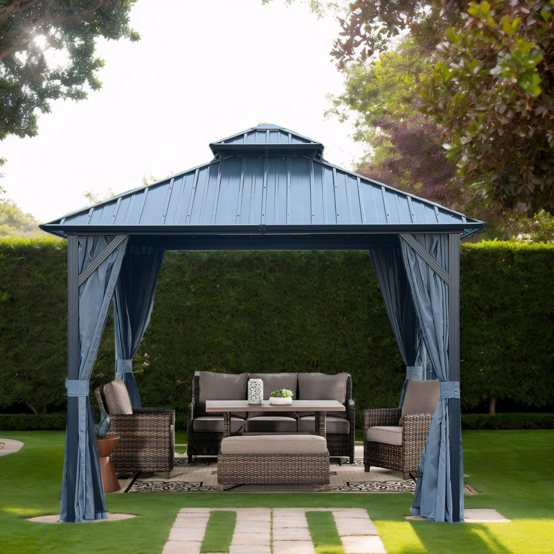 Hardtop Gazebo with Galvanized Steel Double Roof, Sturdy Aluminum Frame, Curtains, and Netting for Patio, Lawn, and Garden
