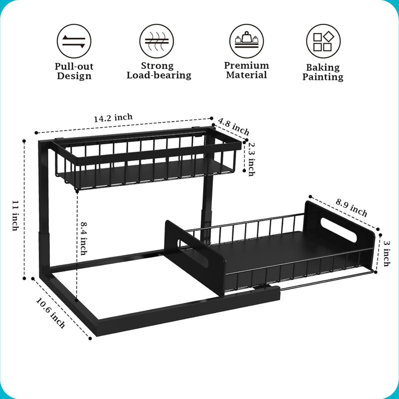 Under Sink Organizer, Pull Out Cabinet Organizer Slide Out Sink Shelf Cabinet Storage Shelves, Storages For Kitchen Bathroom, Black, 2 Pack