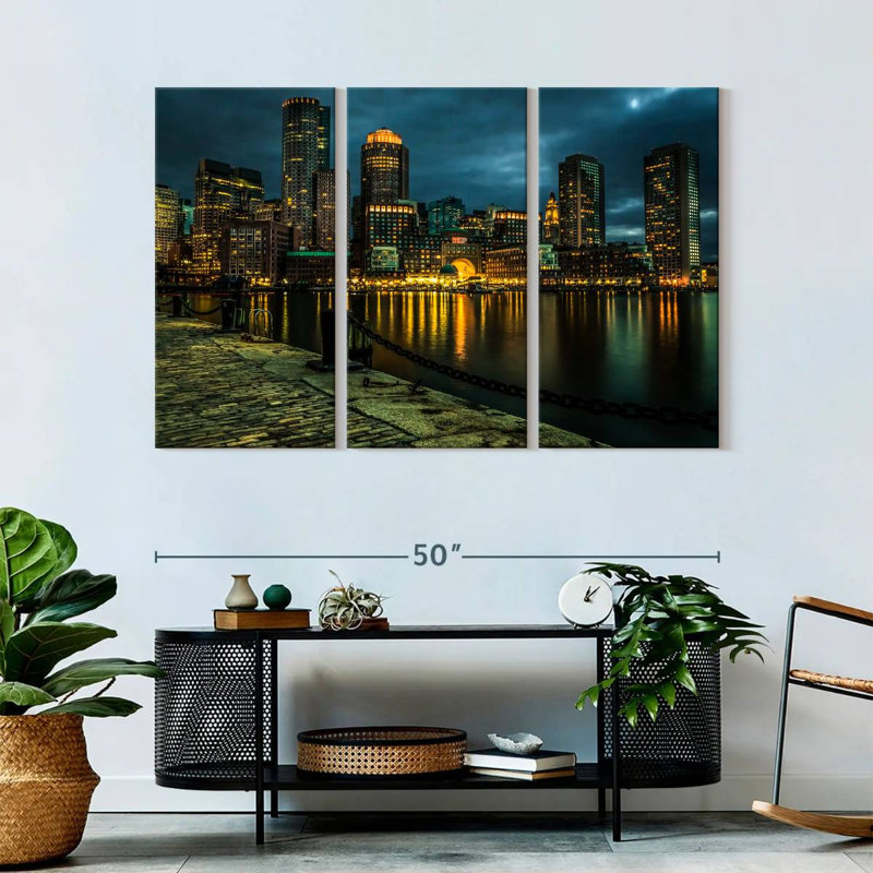 «Boston Skyline At Night», reproduction d'art sur toile, H 50 po x l 32 po x P 1,25 po
