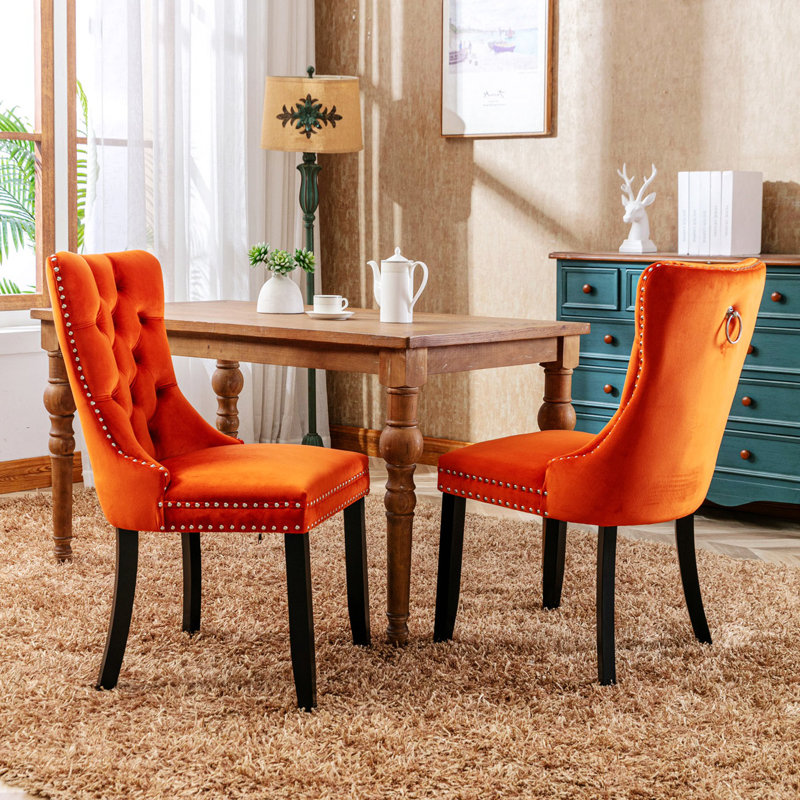Fioretto 20'' H Tufted Upholstered Dining Chair, Black Wood, Orange