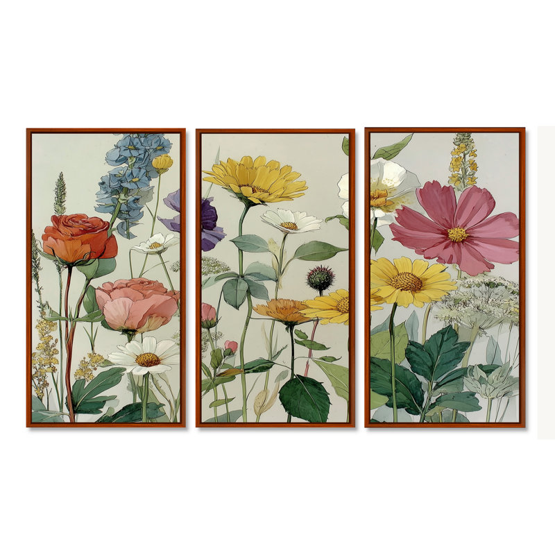 Ensemble de décorations murales délicates fleurs sauvages rétro Meadows In France - Wildflowers, H 32 po x l 48 po, Brun