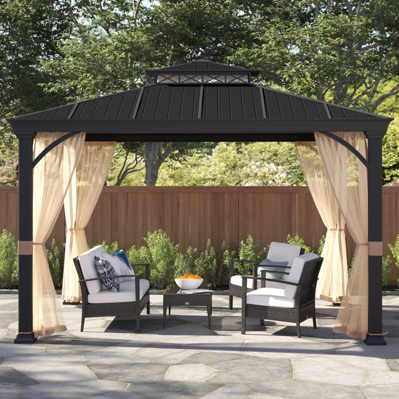 Sunjoy 10 x 12 ft Metal Gazebo with Black Rustproof Aluminum Frame Two Tier, Ceiling Hook and Mosquito Net